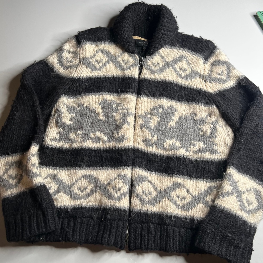 Rag & Bone Mens XL Chunky Hand Knit Full Zip Shawl Cardigan Sweater Black Grey